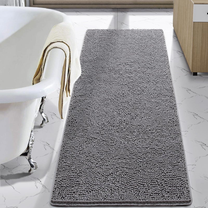 LOCHAS Luxury Bathroom Rug Shaggy Bath Mat 24 x 48 Inch, Washable Non Slip Bath Rugs for Bathroom Shower, Soft Plush Chenille Absorbent Carpets Mats, Gray - Image 1